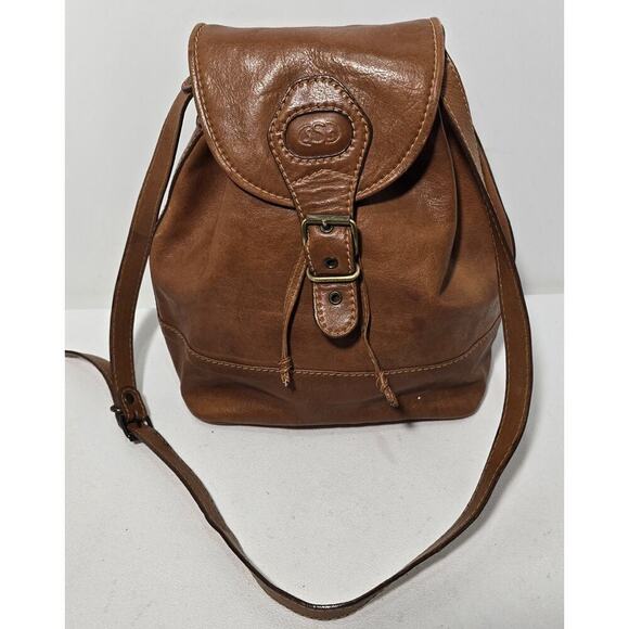 Vintage Pelletteria SPIGOLA Italy Crossbody Drawstring Cognac Leather Bag Purse - Picture 1 of 13